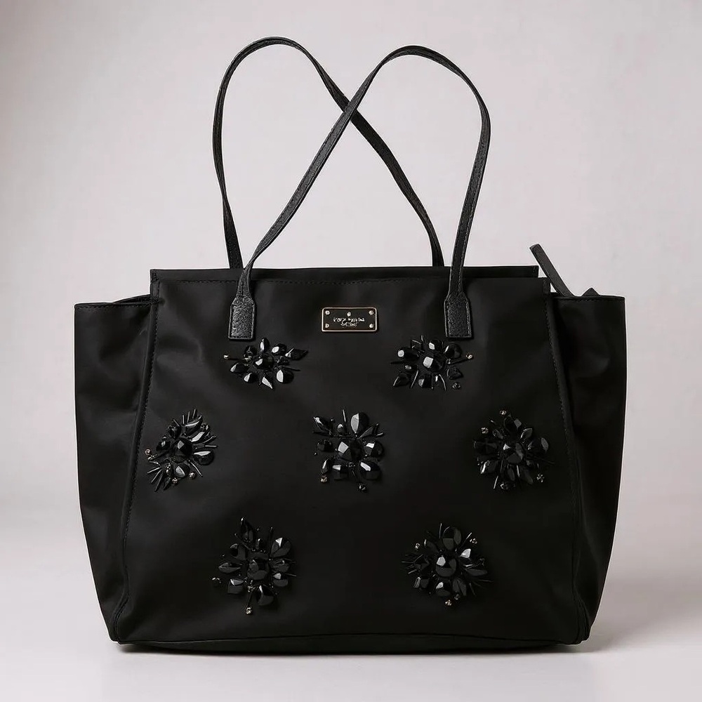 kate spade Black Jeweled Floral Tote, Large, EUC, Zip Top, Nylon - Picture 2 of 4